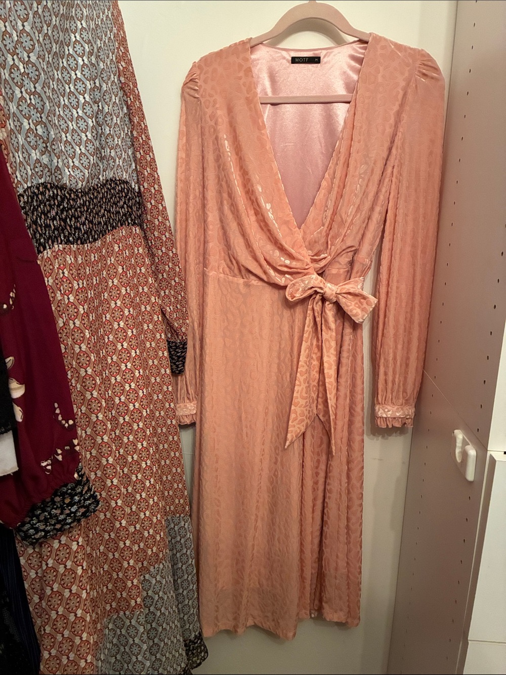 MOTF Blush Pink Long-Sleeve Wrap Midi Dress with Tie
